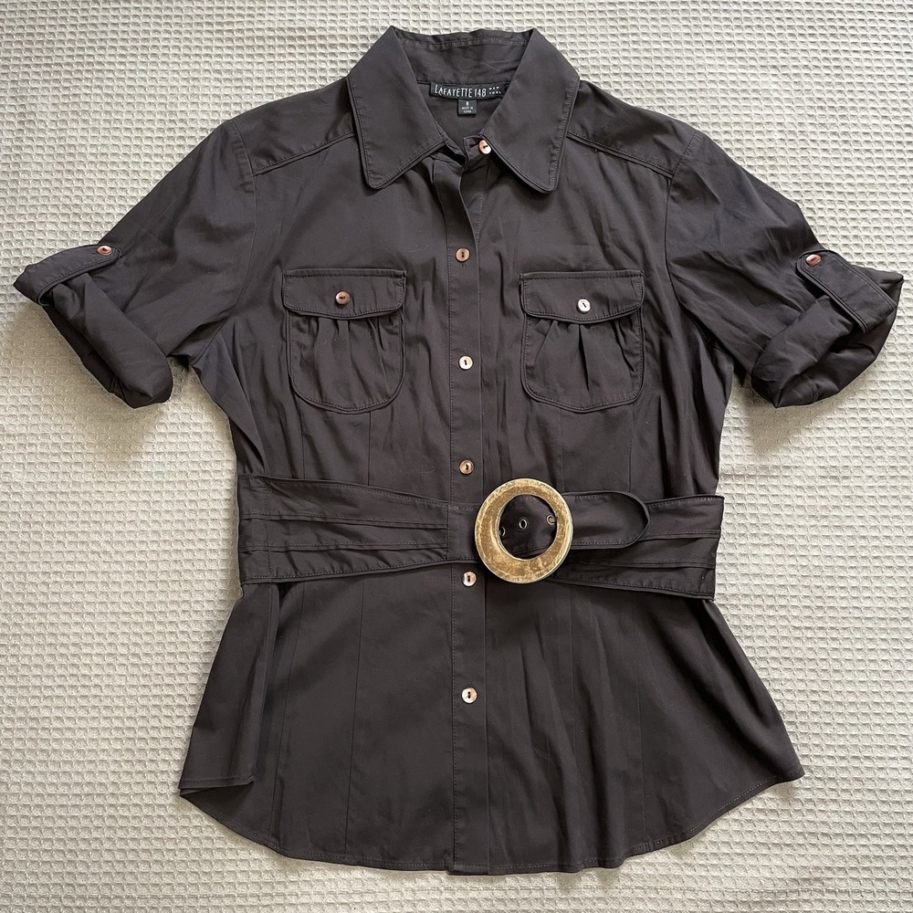 Lafayette 148 New York Utility Shirt 8 Womens Belted Dark Brown Cotton Stretch - Picture 1 of 8